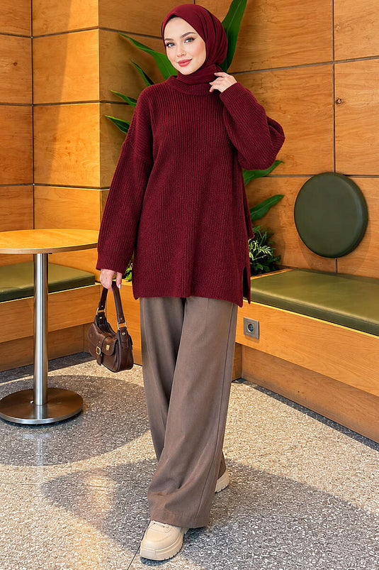 Geniş Kollu Düz Triko Tunik Bordo