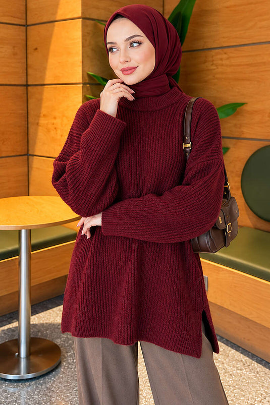 Geniş Kollu Düz Triko Tunik Bordo