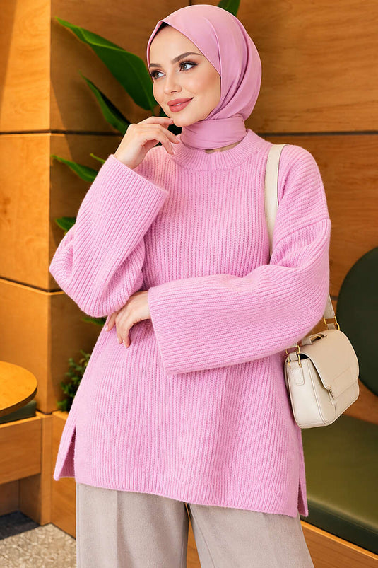 Geniş Kollu Düz Triko Tunik Pembe