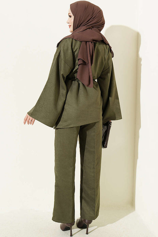 Completo Due Pezzi Con Cintura E Maniche Larghe In Khaki
