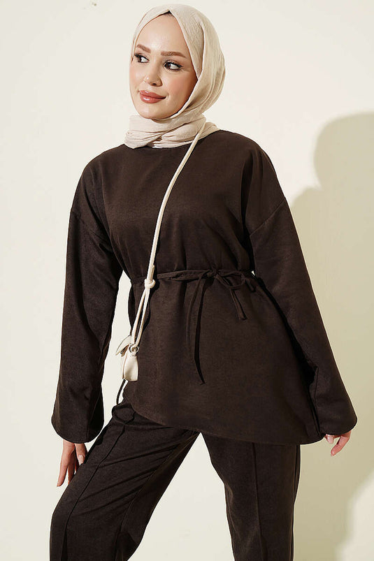 Ensemble Deux Pièces À Ceinture Et Manches Amples Marron