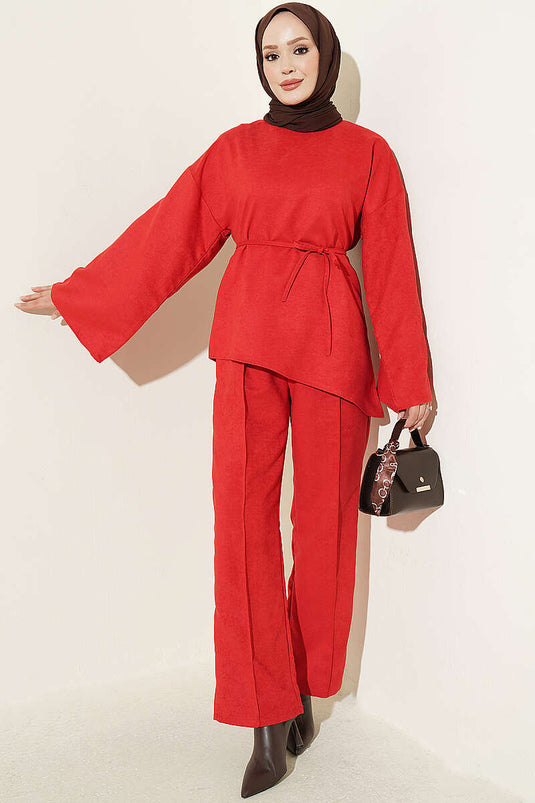 Red Wide Sleeve Belted Two-Piece Set