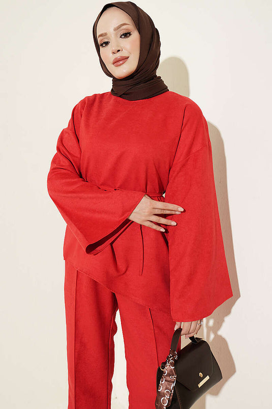 Red Wide Sleeve Belted Two-Piece Set