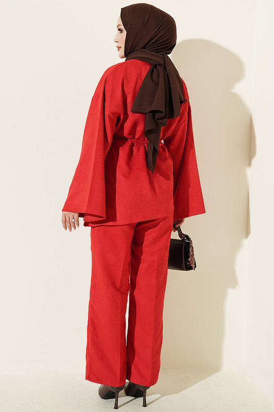 Red Wide Sleeve Belted Two-Piece Set