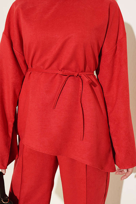 Red Wide Sleeve Belted Two-Piece Set