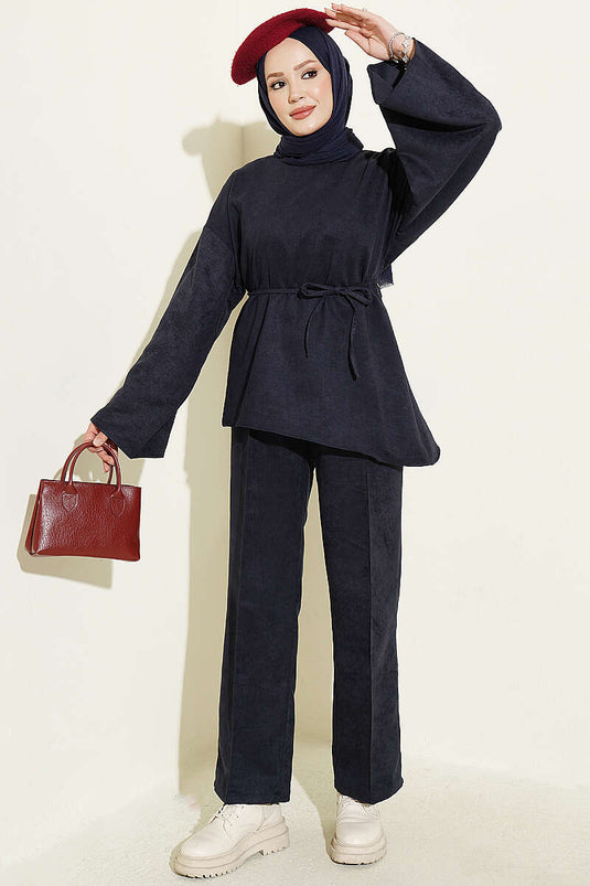 Completo Due Pezzi Maniche Ampie E Cintura Blu Navy