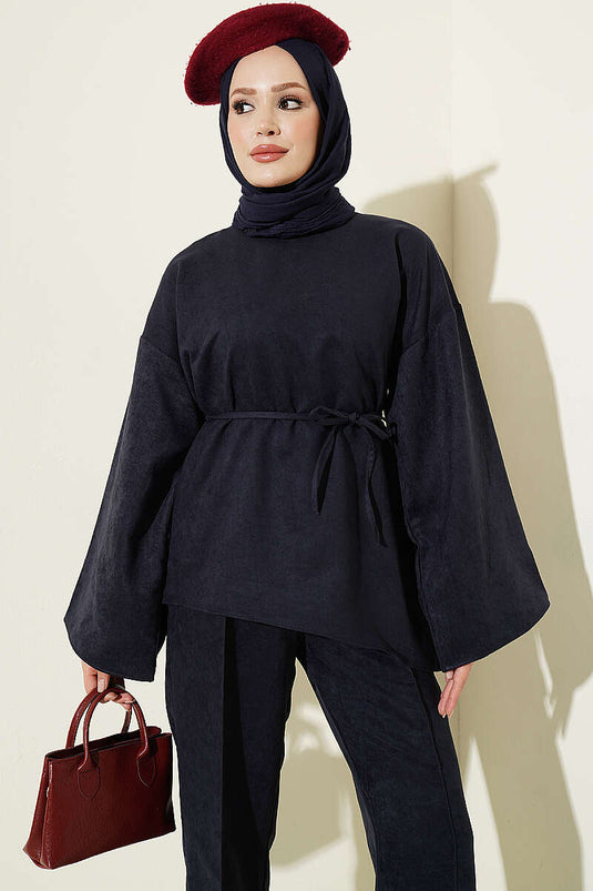Completo Due Pezzi Maniche Ampie E Cintura Blu Navy