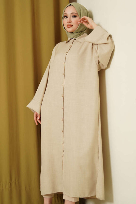 Beige Oversized Long Shirt with Wide Sleeves