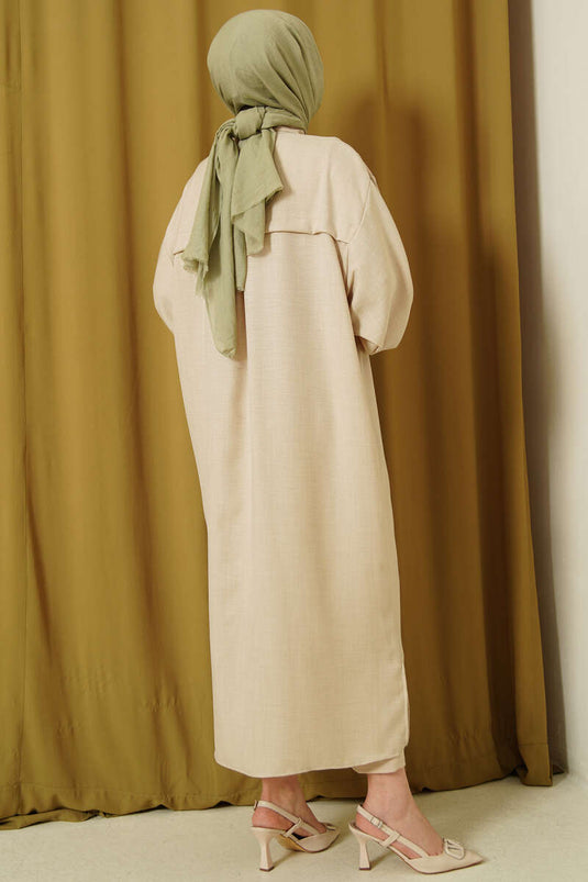 Beige Oversized Long Shirt with Wide Sleeves