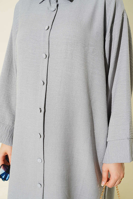Geniş Kollu Oversize Uzun Gömlek Gri