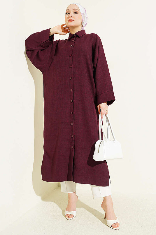 Camicia lunga oversize con maniche larghe color prugna