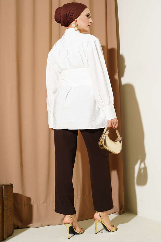 Wide-Belted Shirred Shirt Ecru