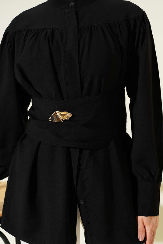 Shirt with Wide Belt and Drawstring Black