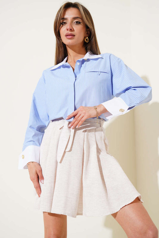 Wide Cuffed Thin Striped Shirt Baby Blue
