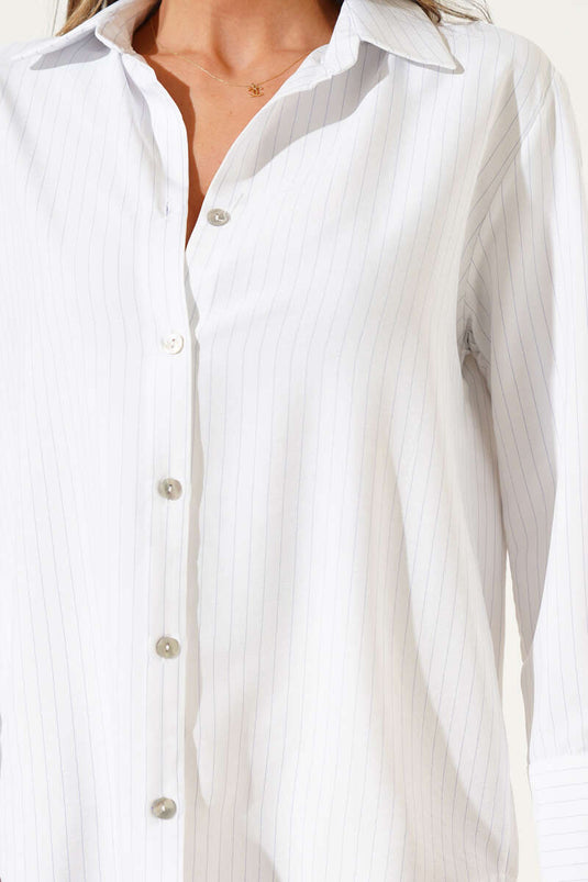 Wide Cuffed Pinstripe Shirt Blue