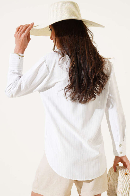 Wide Cuffed Pinstripe Shirt Blue