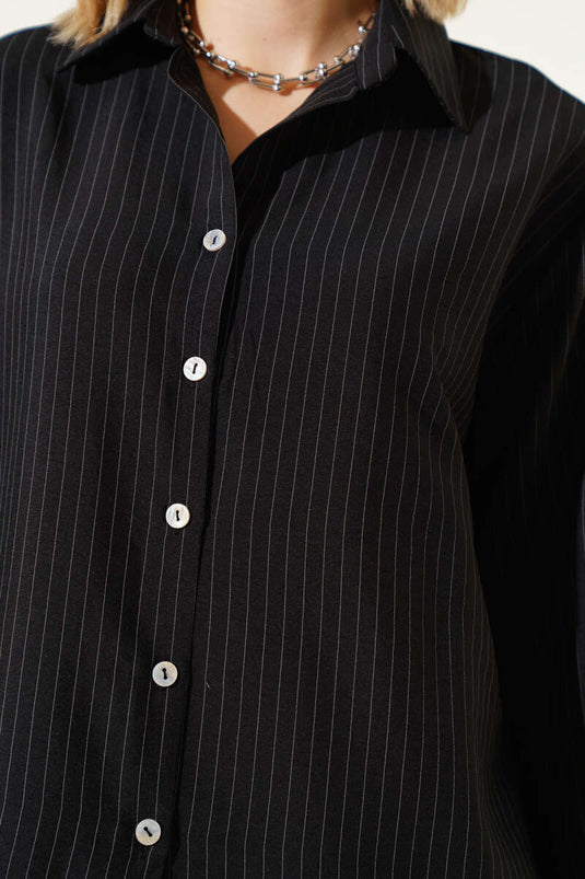 Wide Cuffed Pinstripe Shirt Black Striped