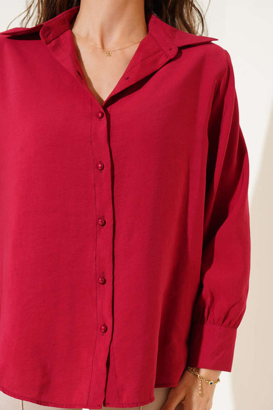 Wide Cuffed Tencel Short Shirt Burgundy