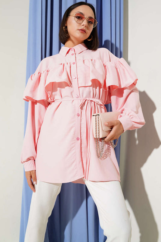 Wide Shoulder Ruffle Shirt Pink