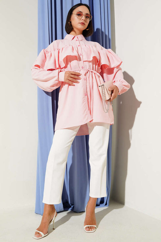 Wide Shoulder Ruffle Shirt Pink