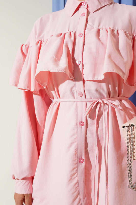 Wide Shoulder Ruffle Shirt Pink