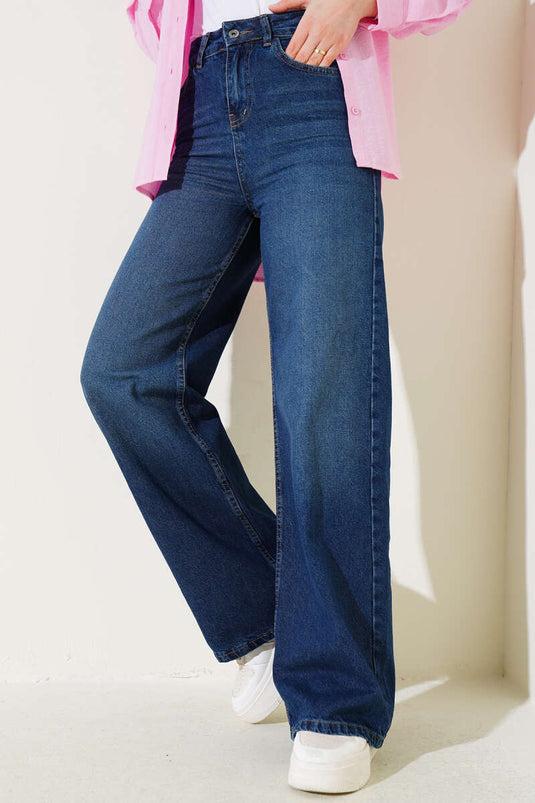 Wide Leg Buttoned Denim Pants Dark Blue