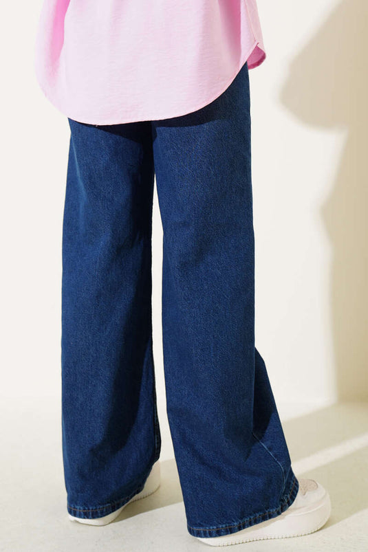 Wide Leg Buttoned Denim Pants Dark Blue