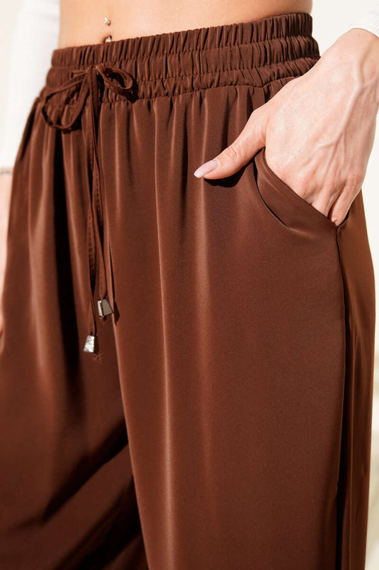 بنطال تنسيل بخصر مطاطي وقصة أرجل واسعة - بني