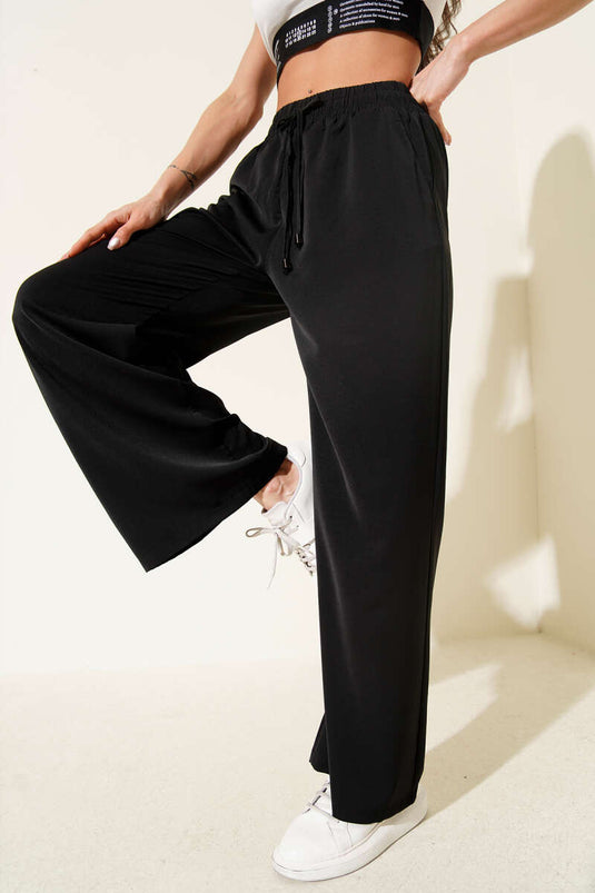Wide-Leg Elastic Waist Tencel Trousers Black