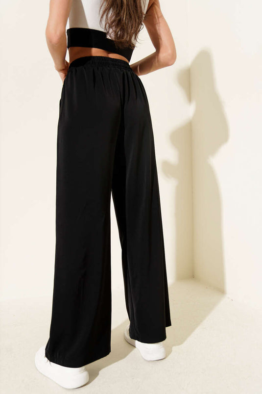 Wide-Leg Elastic Waist Tencel Trousers Black