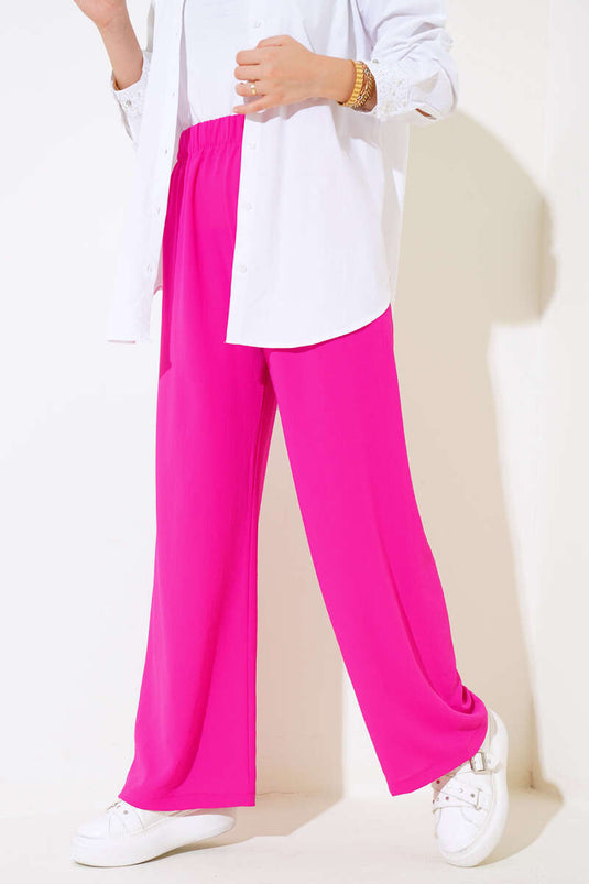 Pantalon Large Taille Élastique Fuchsia