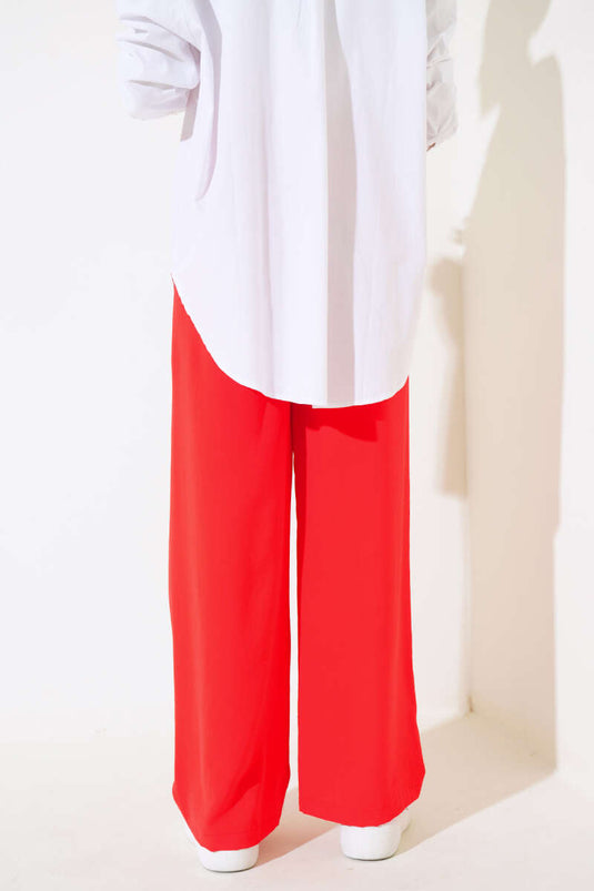 Pantalon Large Taille Élastique Rouge