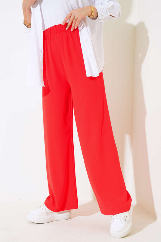 Pantalon Large Taille Élastique Rouge