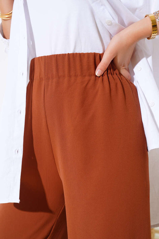 Pantalon Large Taille Élastique Tan