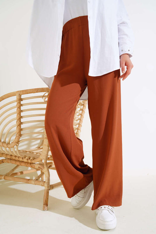 Pantalon Large Taille Élastique Tan