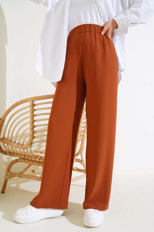 Pantalon Large Taille Élastique Tan