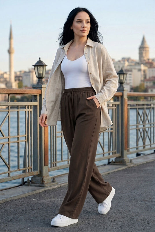 Wide-Leg Pocketed Tencel Pants Brown