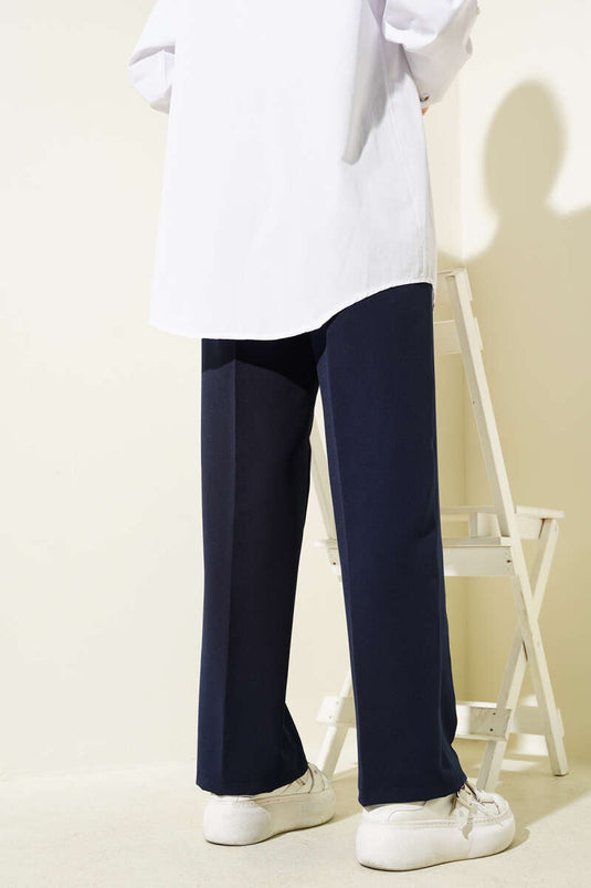 Wide Leg Buttoned Fabric Trousers Navy Blue