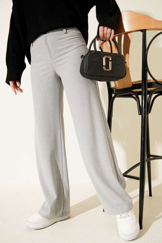 Geniş Paça Düğmeli Pantolon Gri