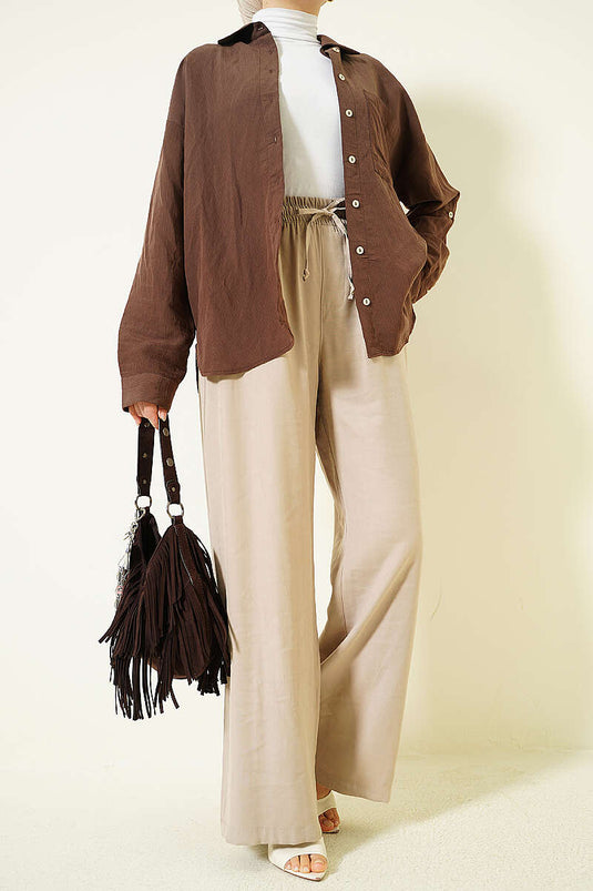 Pantaloni Tensel Beige con Elastico e Gamba Larga