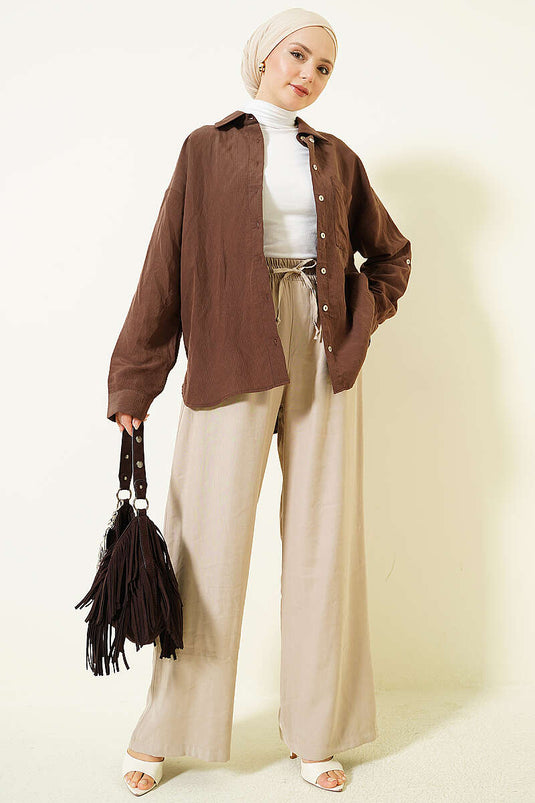 Pantaloni Tensel Beige con Elastico e Gamba Larga