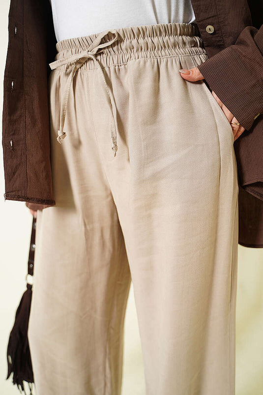Pantaloni Tensel Beige con Elastico e Gamba Larga