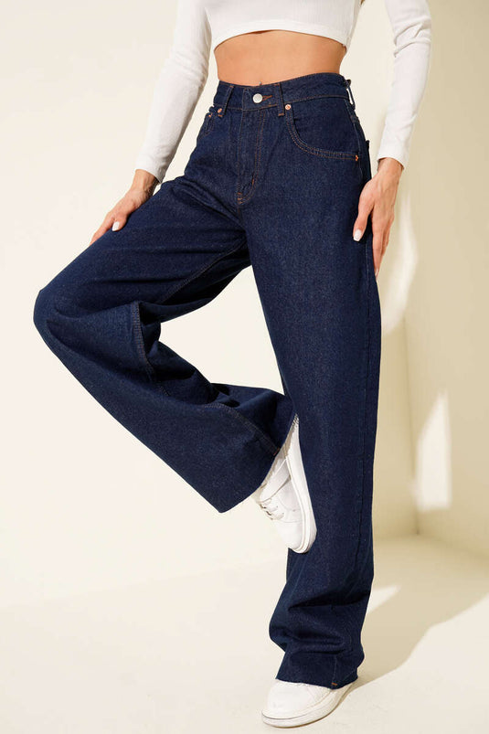 Wide Leg Palazzo Button-Down Jeans Navy Blue