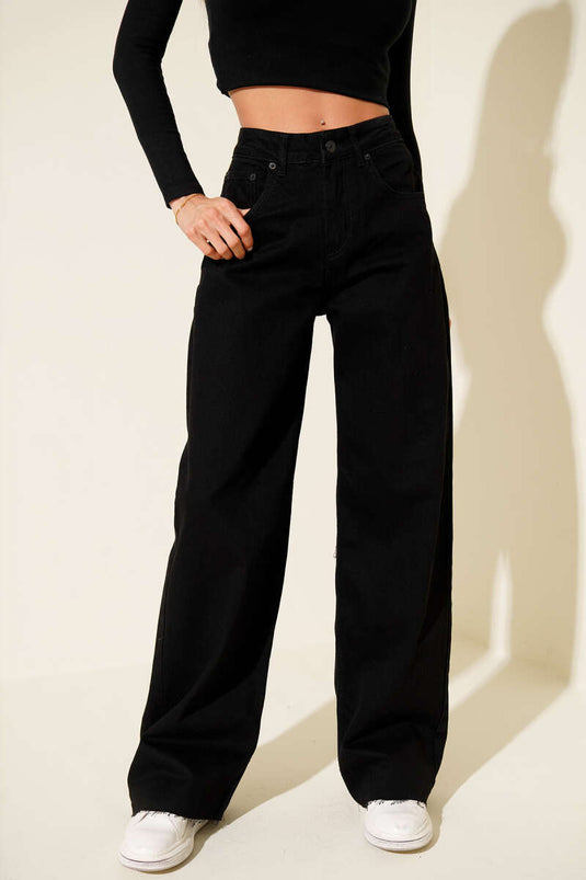 Wide Leg Palazzo Button-Down Jeans, Black