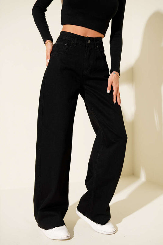 بنطلون جينز واسع الساقين بأزرار أمامية، أسود