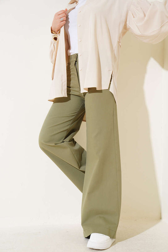 Wide Leg Cotton Trousers Khaki