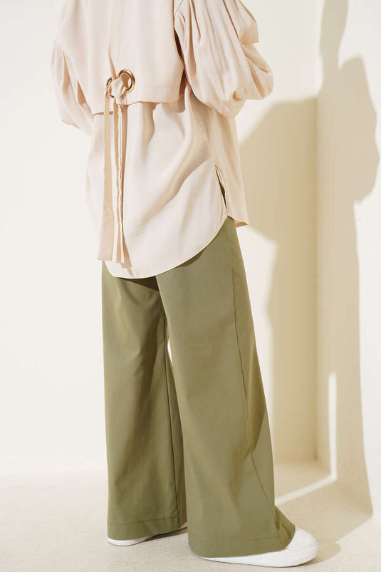 Wide Leg Cotton Trousers Khaki