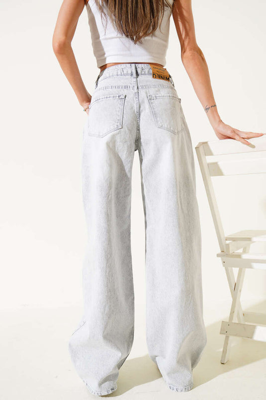 بنطال جينز واسع الساق كاجوال باللون الرمادي