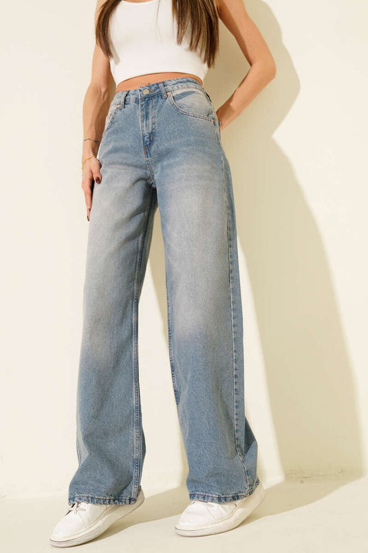 Wide-Leg Loose Palazzo Denim Trousers with Tint