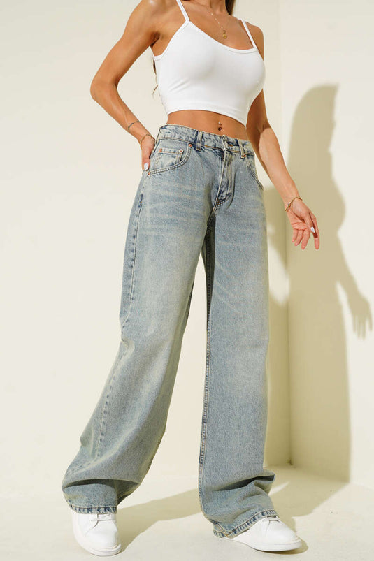 Wide-Leg Loose Palazzo Jeans Green Tint